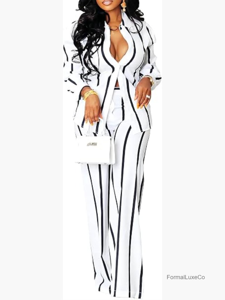 Striped Two Piece Pants Set Button Down Long Sleeve Wide Leg